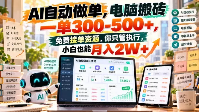 AI自动做单，电脑搬砖一单300-500+，免费接单资源，你只管执行，小白也能月入2W+【揭秘】-入巷拾玖