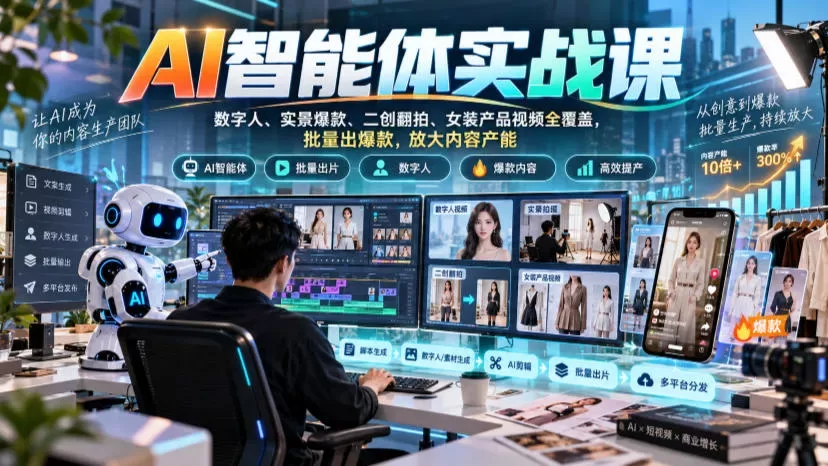 AI智能体实战课，数字人、实景爆款、二创翻拍、女装产品视频全覆盖，批量出爆款，放大内容产能-入巷拾玖