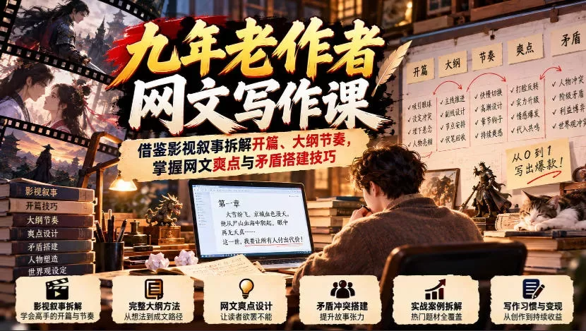 九年老作者网文写作课:借鉴影视叙事拆解开篇、大纲节奏,掌握网文爽点与矛盾搭建技巧-入巷拾玖